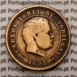 Portugal, 5 réis 1892 bronze coin of King Carlos I, (F), World Coins Portugal KM 530