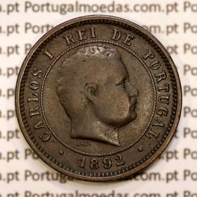 Portugal, 5 réis 1892 bronze coin of King Carlos I, (F+), World Coins Portugal KM 530