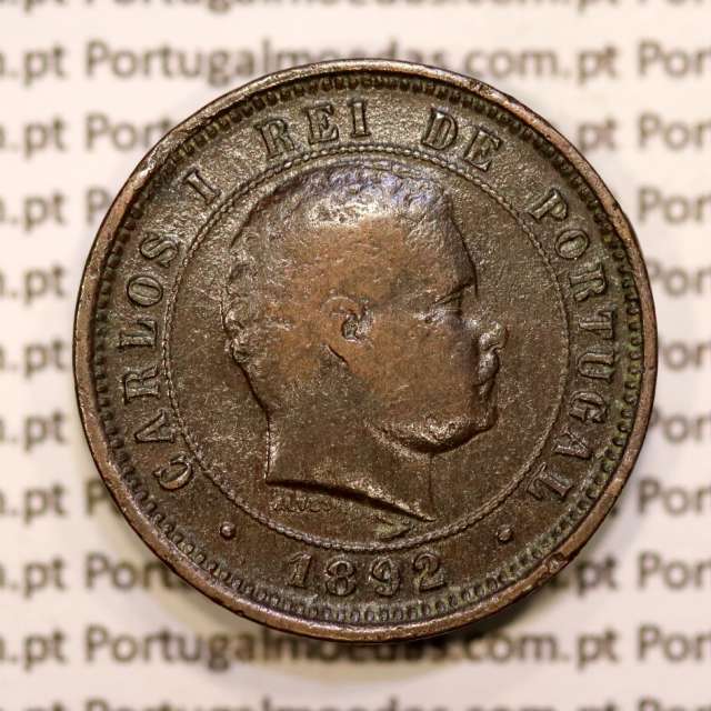 Portugal, 5 réis 1892 bronze coin of King Carlos I, (F), World Coins Portugal KM 530