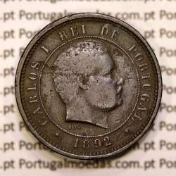 Portugal, 5 réis 1892 bronze coin of King Carlos I, (F), World Coins Portugal KM 530