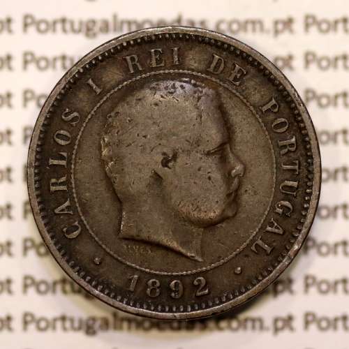 Portugal, 5 réis 1892 bronze coin of King Carlos I, (F+), World Coins Portugal KM 530