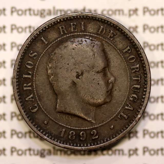 Portugal, 5 réis 1892 bronze coin of King Carlos I, (F+), World Coins Portugal KM 530