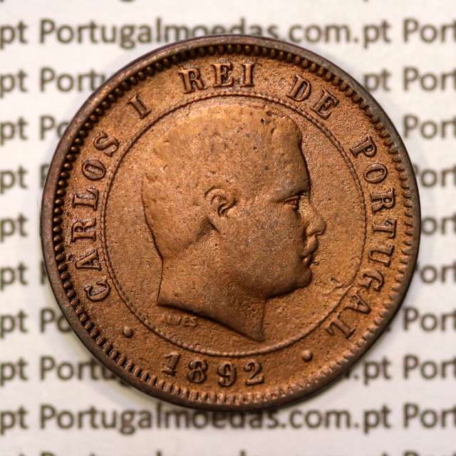 Portugal, 5 réis 1892 bronze coin of King Carlos I, (F), World Coins Portugal KM 530