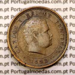 Portugal, 5 réis 1892 bronze coin of King Carlos I, (VF), World Coins Portugal KM 530