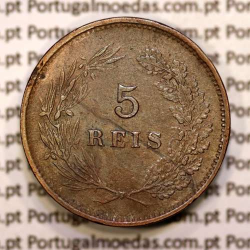 Portugal, 5 réis 1892 bronze coin of King Carlos I, (VF), World Coins Portugal KM 530