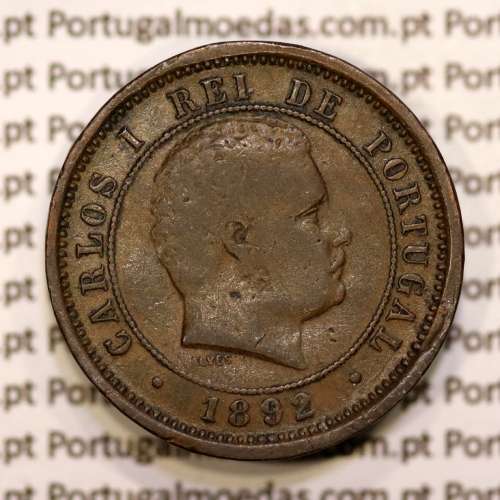 Portugal, 5 réis 1892 bronze coin of King Carlos I, (F), World Coins Portugal KM 530