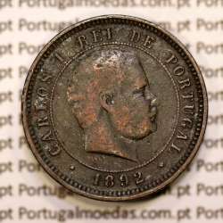 Portugal, 5 réis 1892 bronze coin of King Carlos I, (VF), World Coins Portugal KM 530