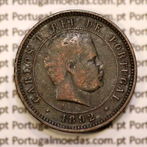 Portugal, 5 réis 1892 bronze coin of King Carlos I, (VF), World Coins Portugal KM 530