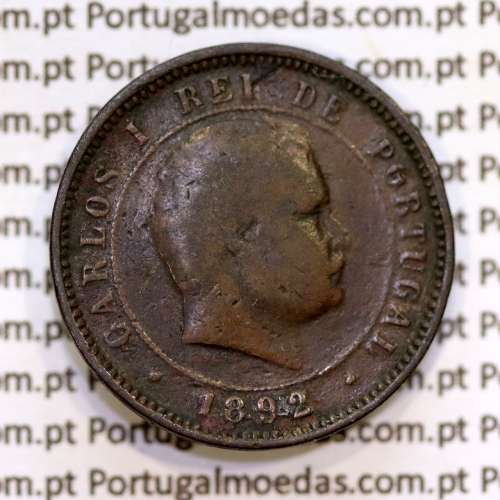 Portugal, 5 réis 1892 bronze coin of King Carlos I, (F), World Coins Portugal KM 530