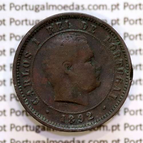 Portugal, 5 réis 1892 bronze coin of King Carlos I, (F), World Coins Portugal KM 530