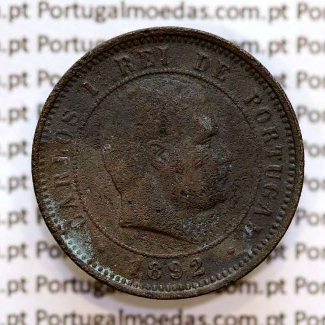 Portugal, 5 réis 1892 bronze coin of King Carlos I, (F-), World Coins Portugal KM 530