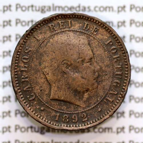 Portugal, 5 réis 1892 bronze coin of King Carlos I, (F-), World Coins Portugal KM 530