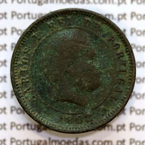 Portugal, 5 réis 1892 bronze coin of King Carlos I, (F-), World Coins Portugal KM 530