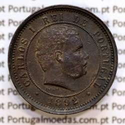 Portugal, 5 réis 1892 bronze coin of King Carlos I, (VF), World Coins Portugal KM 530