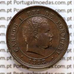 Portugal, 5 Reis 1893 bronze coin of King Carlos I, (XF), World Coins Portugal KM 530