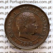 Portugal, 5 Reis 1893 bronze coin of King Carlos I, (XF), World Coins Portugal KM 530