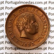 Portugal, 5 réis 1893 bronze coin of King Carlos I, (XF/UNC), World Coins Portugal KM#530