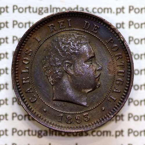 Portugal, 5 Reis 1893 bronze coin of King Carlos I, (XF-), World Coins Portugal KM 530