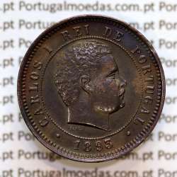 Portugal, 5 Reis 1893 bronze coin of King Carlos I, (XF-), World Coins Portugal KM 530