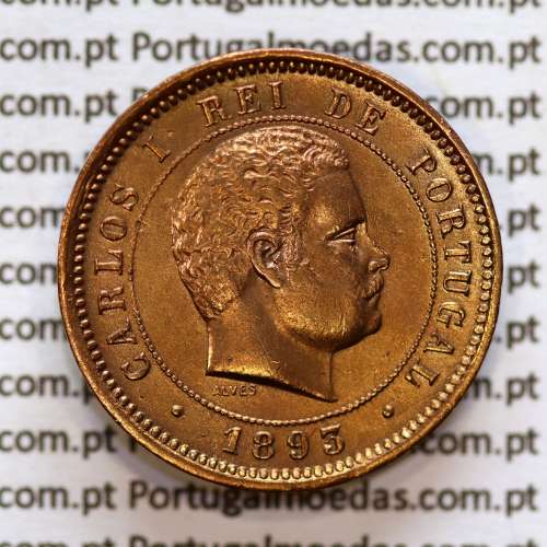 Portugal, 5 Reis 1893 bronze coin of King Carlos I, (XF-), World Coins Portugal KM 530