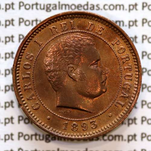 Portugal, 5 Reis 1893 bronze coin of King Carlos I, (XF), World Coins Portugal KM 530