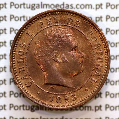 Portugal, 5 Reis 1893 bronze coin of King Carlos I, (XF), World Coins Portugal KM 530