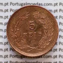 Portugal, 5 Reis 1893 bronze coin of King Carlos I, (XF-), World Coins Portugal KM 530