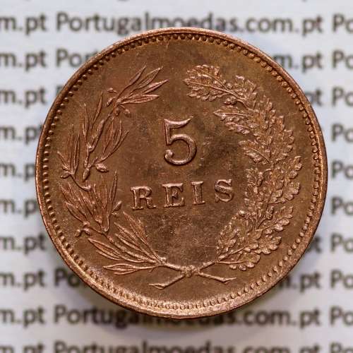 Portugal, 5 Reis 1893 bronze coin of King Carlos I, (XF-), World Coins Portugal KM 530