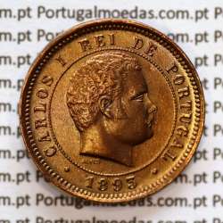Portugal, 5 Reis 1893 bronze coin of King Carlos I, (XF-), World Coins Portugal KM 530