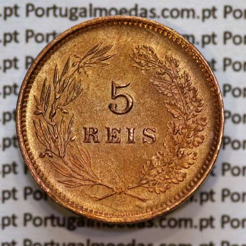 Portugal, 5 Reis 1893 bronze coin of King Carlos I, (XF-), World Coins Portugal KM 530