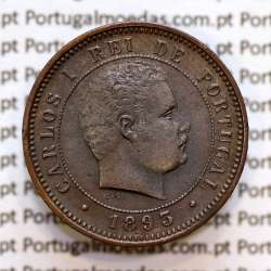 Portugal, 5 Reis 1893 bronze coin of King Carlos I, (VF+/XF-), World Coins Portugal KM 530