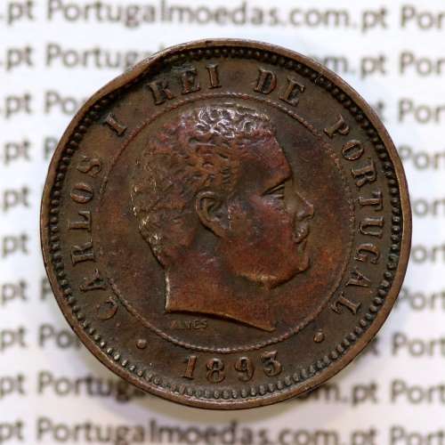 5 réis 1893 bronze D. Carlos I, (MBC), World Coins Portugal KM 530