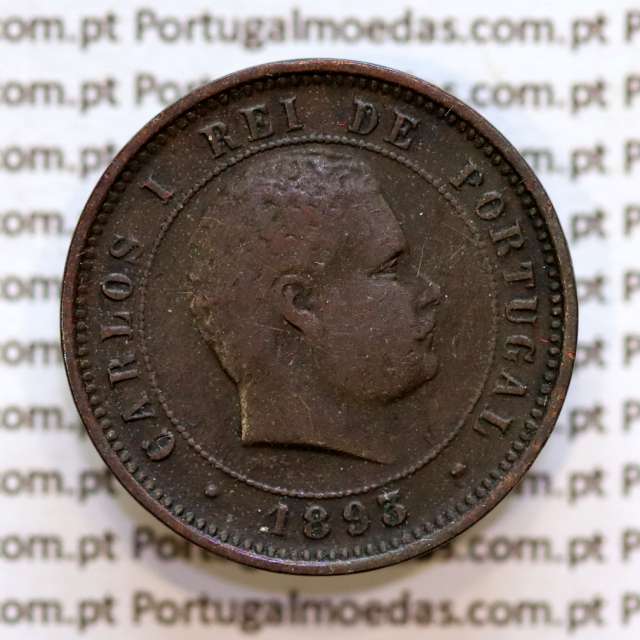 Portugal, 5 Reis 1893 bronze coin of King Carlos I, (VF), World Coins Portugal KM 530
