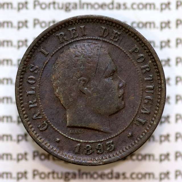 Portugal, 5 Reis 1893 bronze coin of King Carlos I, (VF), World Coins Portugal KM 530