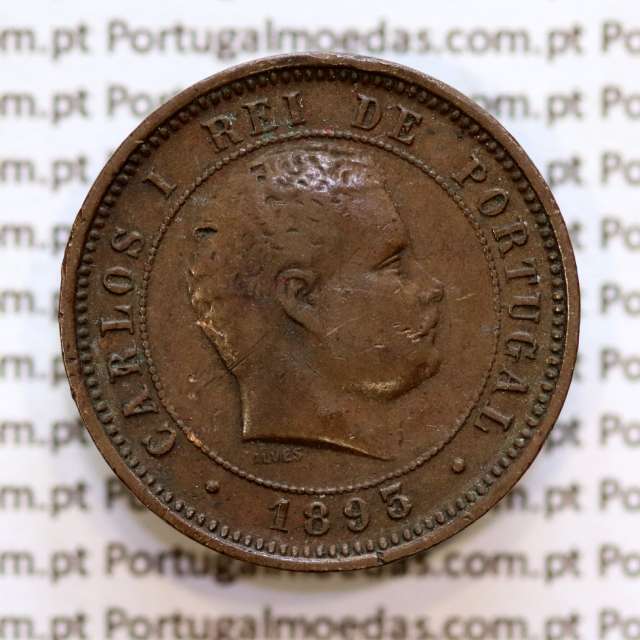 Portugal, 5 Reis 1893 bronze coin of King Carlos I, (VF-), World Coins Portugal KM 530