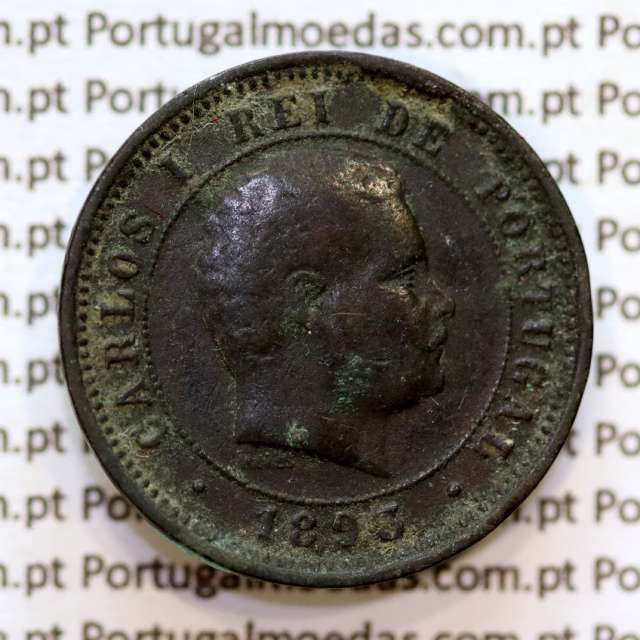Portugal, 5 Reis 1893 bronze coin of King Carlos I, (F+), World Coins Portugal KM 530