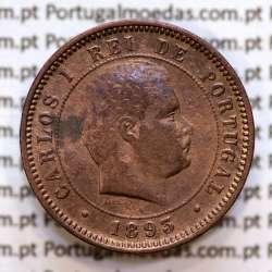 Portugal, 5 Reis 1893 bronze coin of King Carlos I, (F), World Coins Portugal KM 530