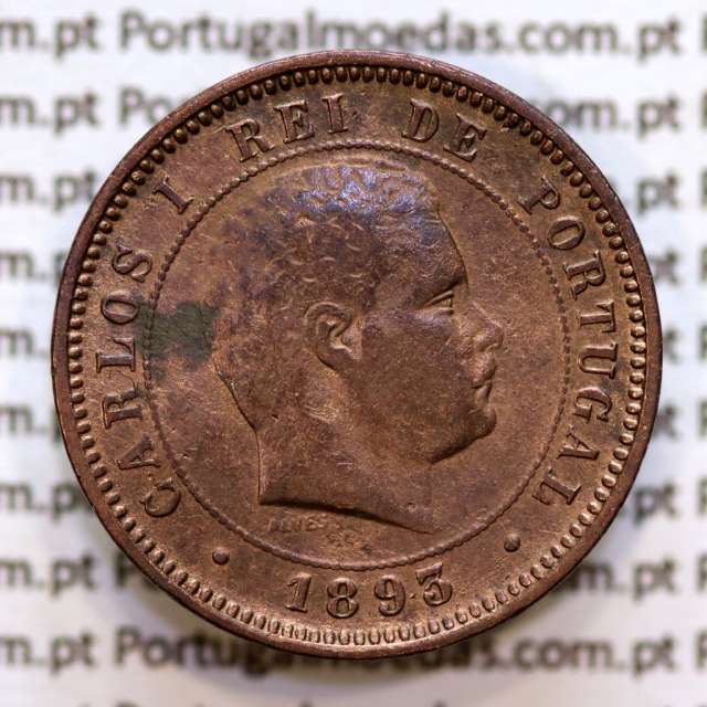 Portugal, 5 Reis 1893 bronze coin of King Carlos I, (F), World Coins Portugal KM 530