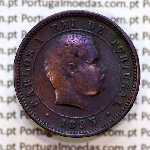 Portugal, 5 Reis 1893 bronze coin of King Carlos I, (F+), World Coins Portugal KM 530