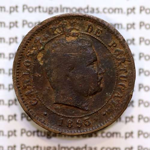 Portugal, 5 Reis 1893 bronze coin of King Carlos I, (F-), World Coins Portugal KM 530