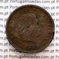 Portugal, 5 Reis 1893 bronze coin of King Carlos I, (F-), World Coins Portugal KM 530