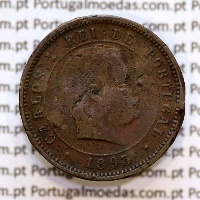 Portugal, 5 Reis 1893 bronze coin of King Carlos I, (F-), World Coins Portugal KM 530