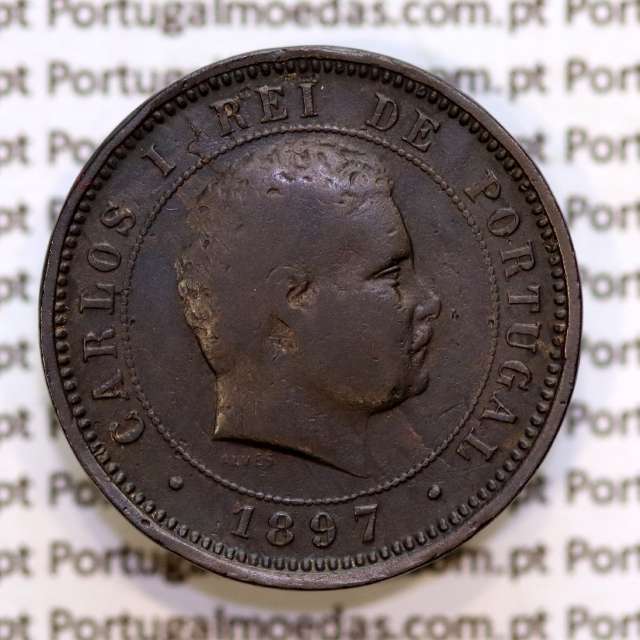 Portugal, 5 Reis 1897 bronze coin of King Carlos I, (VF), World Coins Portugal KM 530