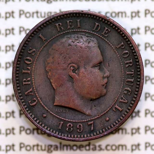 Portugal, 5 Reis 1897 bronze coin of King Carlos I, (VF+), World Coins Portugal KM 530