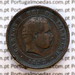Portugal, 5 Reis 1897 bronze coin of King Carlos I, (F+), World Coins Portugal KM 530