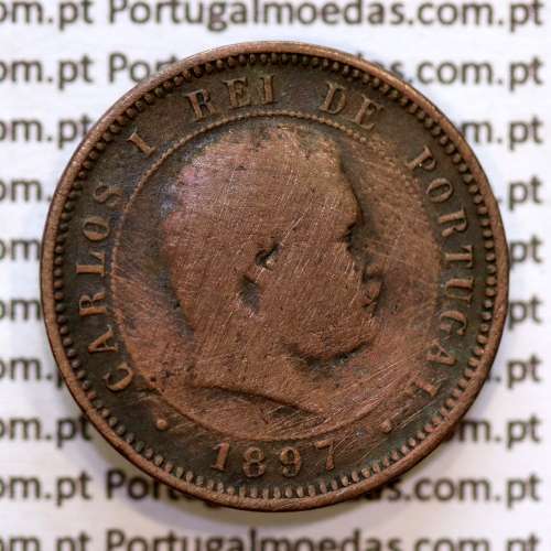 Portugal, 5 Reis 1897 bronze coin of King Carlos I, (F), World Coins Portugal KM 530