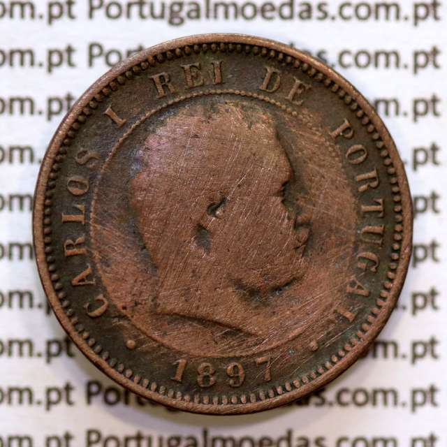 Portugal, 5 Reis 1897 bronze coin of King Carlos I, (F), World Coins Portugal KM 530