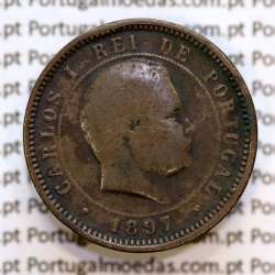Portugal, 5 Reis 1897 bronze coin of King Carlos I, (F), World Coins Portugal KM 530