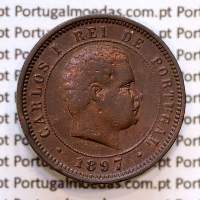 Portugal, 5 Reis 1897 bronze coin of King Carlos I, (VF), World Coins Portugal KM 530
