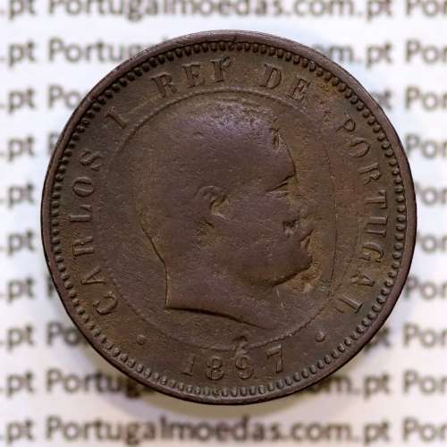 Portugal, 5 Reis 1897 bronze coin of King Carlos I, (F), World Coins Portugal KM 530